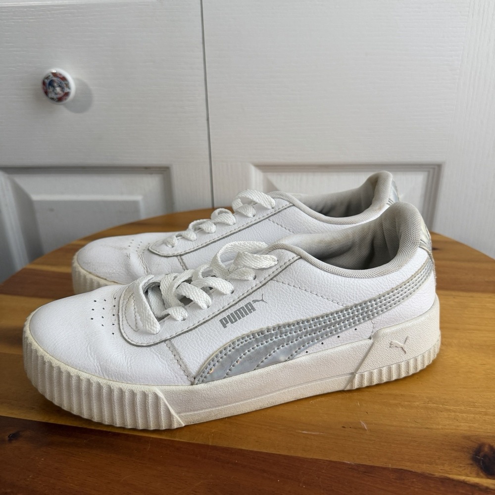 Puma Carina White Silver Tennis Shoes Women's Size 8 373834-01 Travel Active - Picture 3 of 9